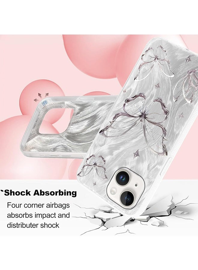 Wffo Compatible for iPhone 13 Case Case - Shiny Silver Butterfly Design - Feather Yarn Style Phone Case - TPU Shockproof Protective Phone Case - Sleek and Simple - Silver - Image 3