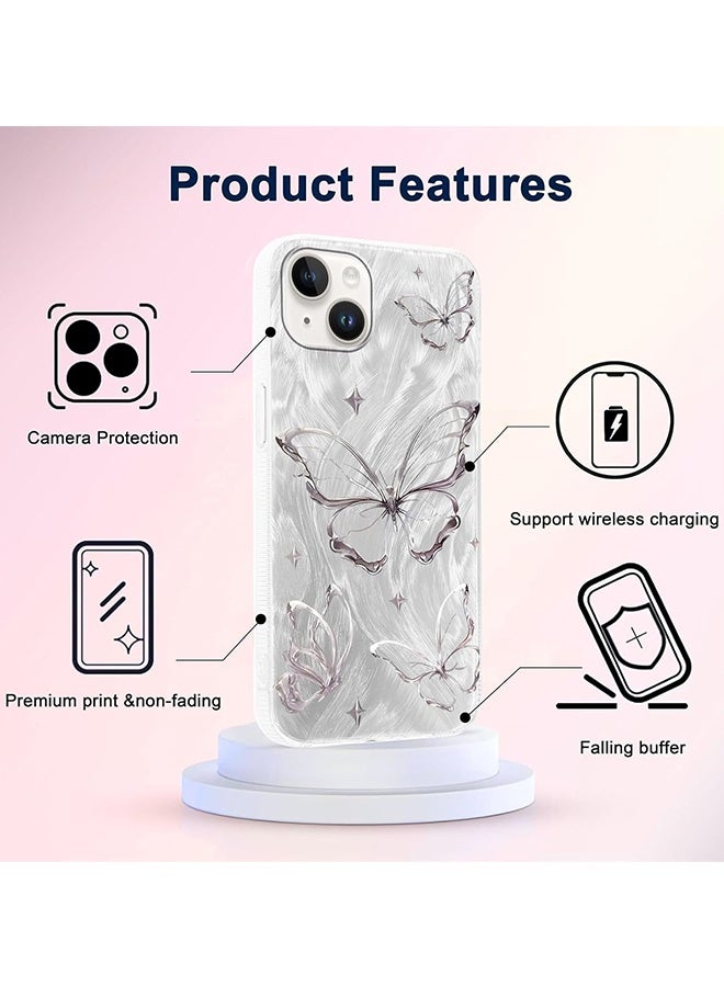Wffo Compatible for iPhone 13 Case Case - Shiny Silver Butterfly Design - Feather Yarn Style Phone Case - TPU Shockproof Protective Phone Case - Sleek and Simple - Silver - Image 5
