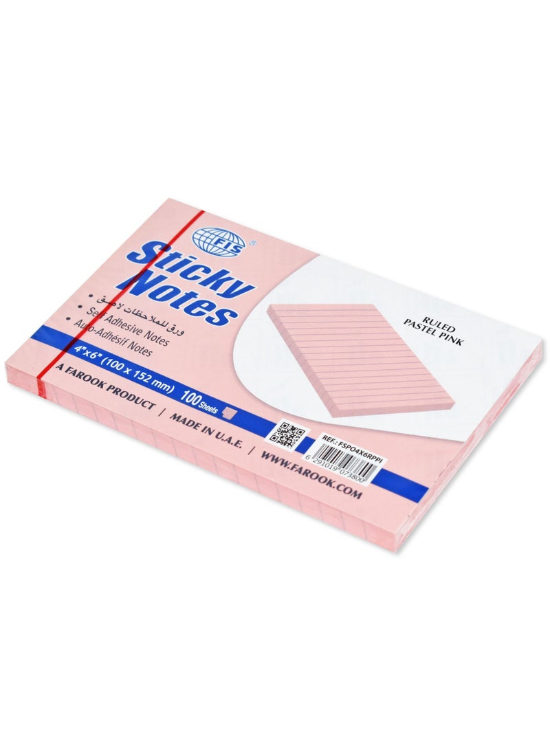 FIS Sticky Note Pad, 4X6 inches, Pack of 6, Ruled Pastel Pink -FSPO4X6RPPI - Image 2