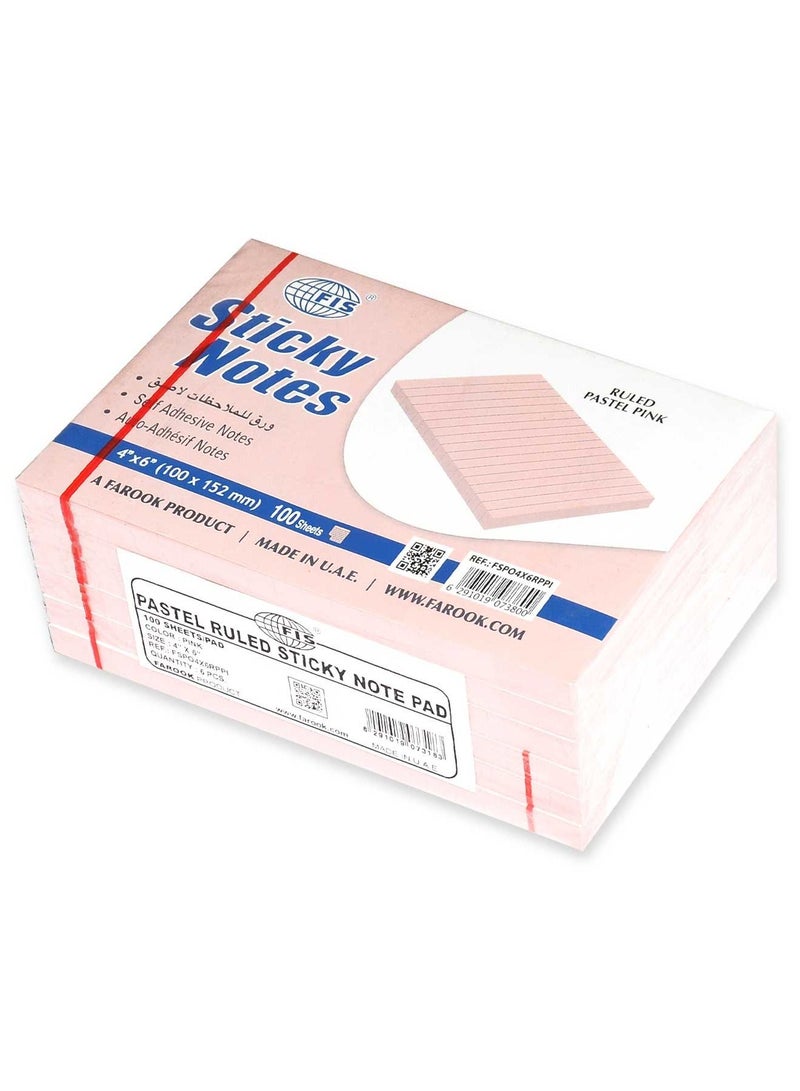 FIS Sticky Note Pad, 4X6 inches, Pack of 6, Ruled Pastel Pink -FSPO4X6RPPI - Image 1