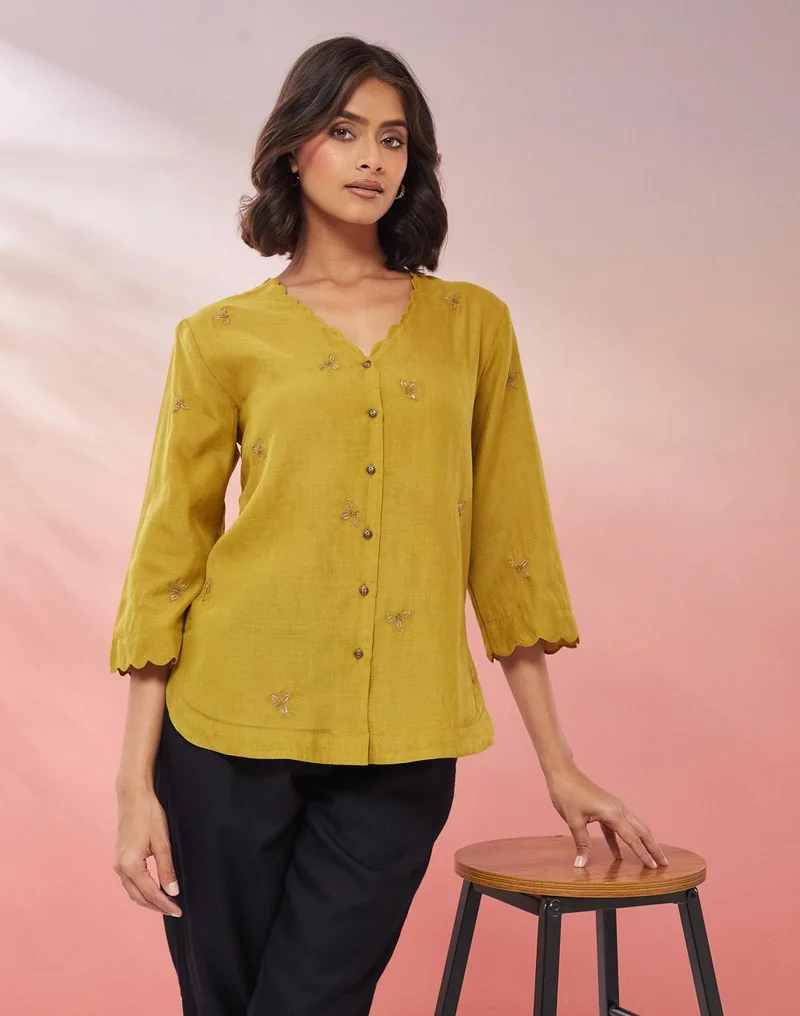 Green Cotton Silk Hand Embroidered Tunic