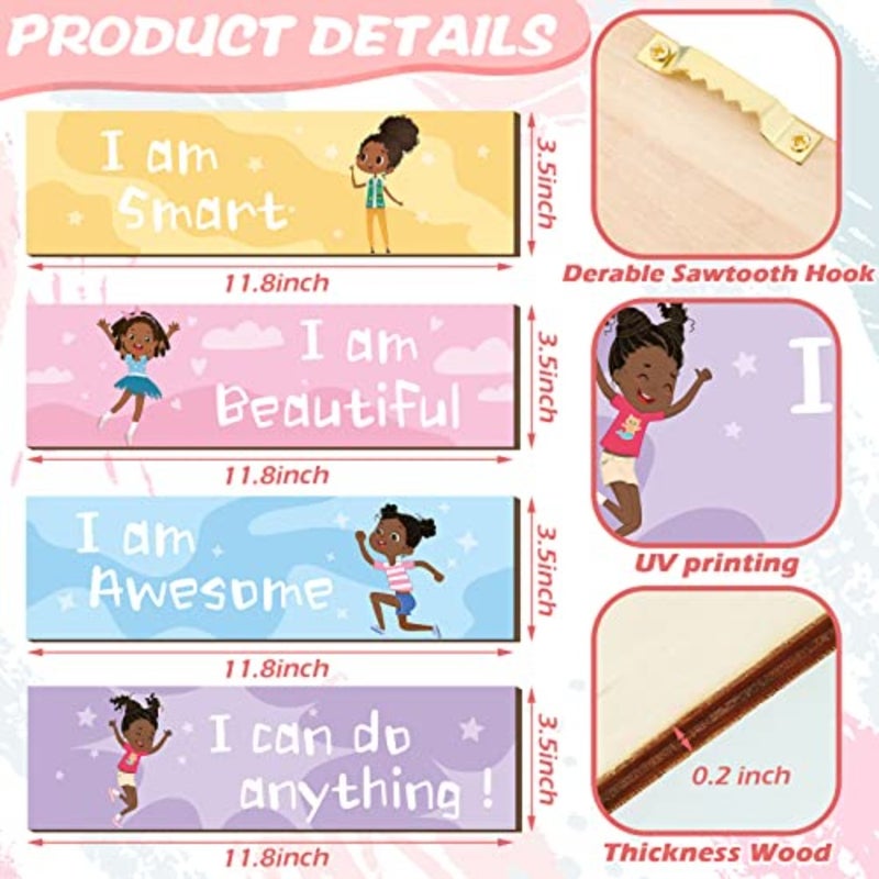 4 Pcs Girls Room Signs Decor Motivational Black Girl Wall Art Rustic Wall Hanging Plaque Motivational Wooden Decor Inspirational Positive Plaque for Tween Girls Home Bedroom Multicolor - Image 3