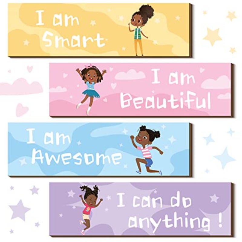 4 Pcs Girls Room Signs Decor Motivational Black Girl Wall Art Rustic Wall Hanging Plaque Motivational Wooden Decor Inspirational Positive Plaque for Tween Girls Home Bedroom Multicolor - Image 1