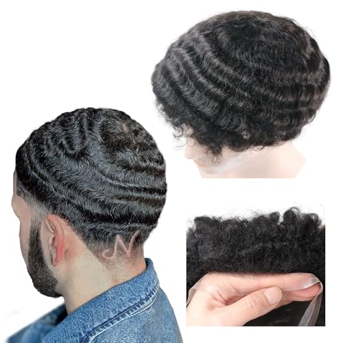 lumeng Mens Curly Toupee Man Toupee Mens French Lace Wave Hair Unit Toupee 8x10inch Afro Loose Curly Mens Lace Unit 1B Off Black Replacement Hairpiece 120 Medium Density 100 Human Hair - Image 2