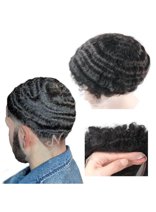 lumeng Mens Curly Toupee Man Toupee Mens French Lace Wave Hair Unit Toupee 8x10inch Afro Loose Curly Mens Lace Unit 1B Off Black Replacement Hairpiece 120 Medium Density 100 Human Hair - Image 1