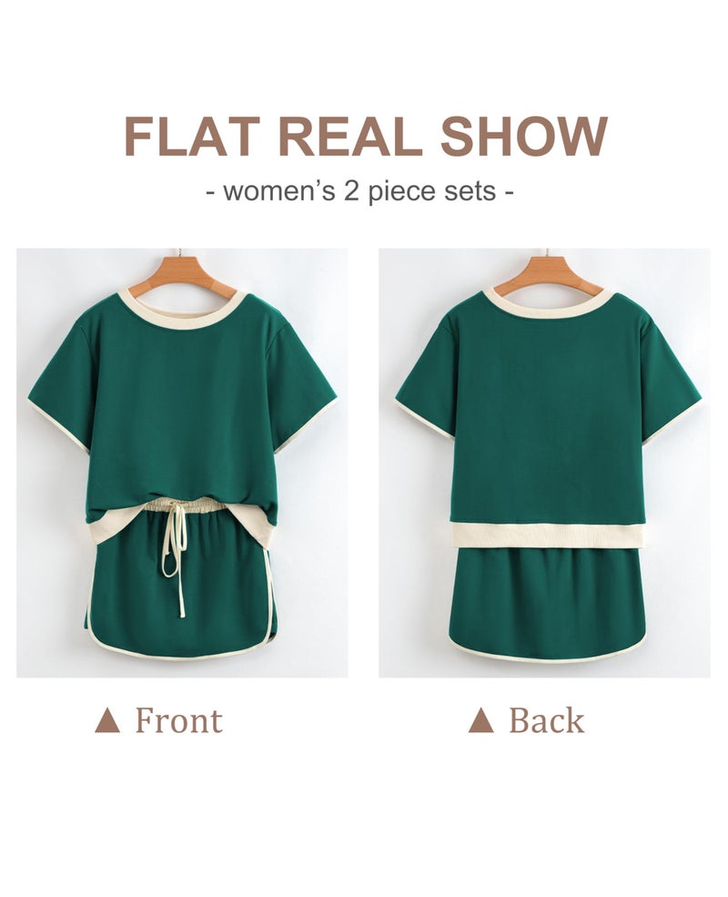SELINK Lounge Sets for Women 2 Piece Skirt Colorblock Drop Shoulder T Shirt and Skort Set Summer Tracksuits Green-L - Image 3