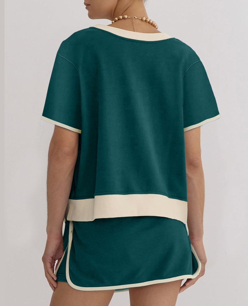 SELINK Lounge Sets for Women 2 Piece Skirt Colorblock Drop Shoulder T Shirt and Skort Set Summer Tracksuits Green-L - Image 2