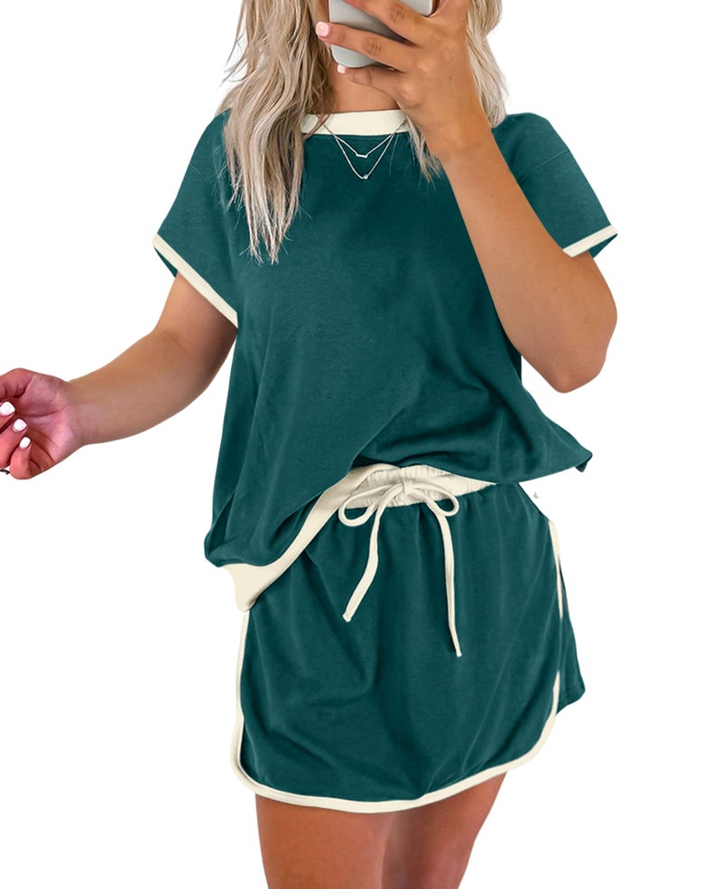 SELINK Lounge Sets for Women 2 Piece Skirt Colorblock Drop Shoulder T Shirt and Skort Set Summer Tracksuits Green-L - Image 1