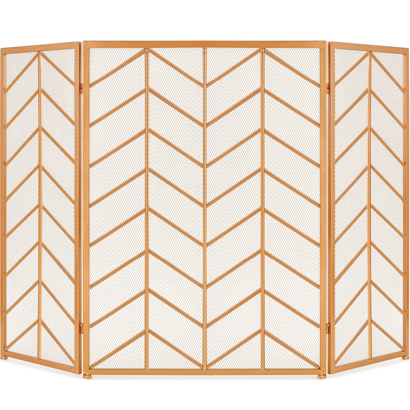 Best Choice Products 52x31in 3 Panel Chevron Fireplace Screen Mid Century Modern Wrought Iron Hand Crafted Fire Place Guard for Living Room Home Decor Steel Mesh  Gold
