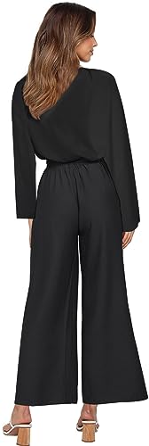 FANCYINN Womens 2 Piece Crop Pants Set V Neck Long Sleeves Tops High Waisted Cropped Paper Bag Pants with Belt Black Blouse Top & Wide Leg pant M - Image 4