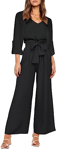 FANCYINN Womens 2 Piece Crop Pants Set V Neck Long Sleeves Tops High Waisted Cropped Paper Bag Pants with Belt Black Blouse Top & Wide Leg pant M - Image 1