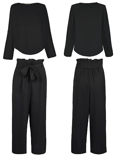 FANCYINN Womens 2 Piece Crop Pants Set V Neck Long Sleeves Tops High Waisted Cropped Paper Bag Pants with Belt Black Blouse Top & Wide Leg pant M - Image 5