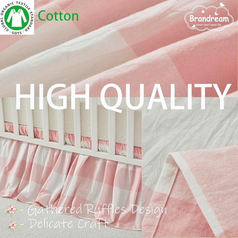 Brandream Gingham Gathered Crib Skirt, Baby Boy, Baby Girl, Gender Neutral Crib Skirt, 100% Cotton, 4-Sided, Light Pink Plaid Gingham Toddler Bedskirt Farmhouse Chic Nursery Crib Bed Skirt Dust Ruffle - Image 3