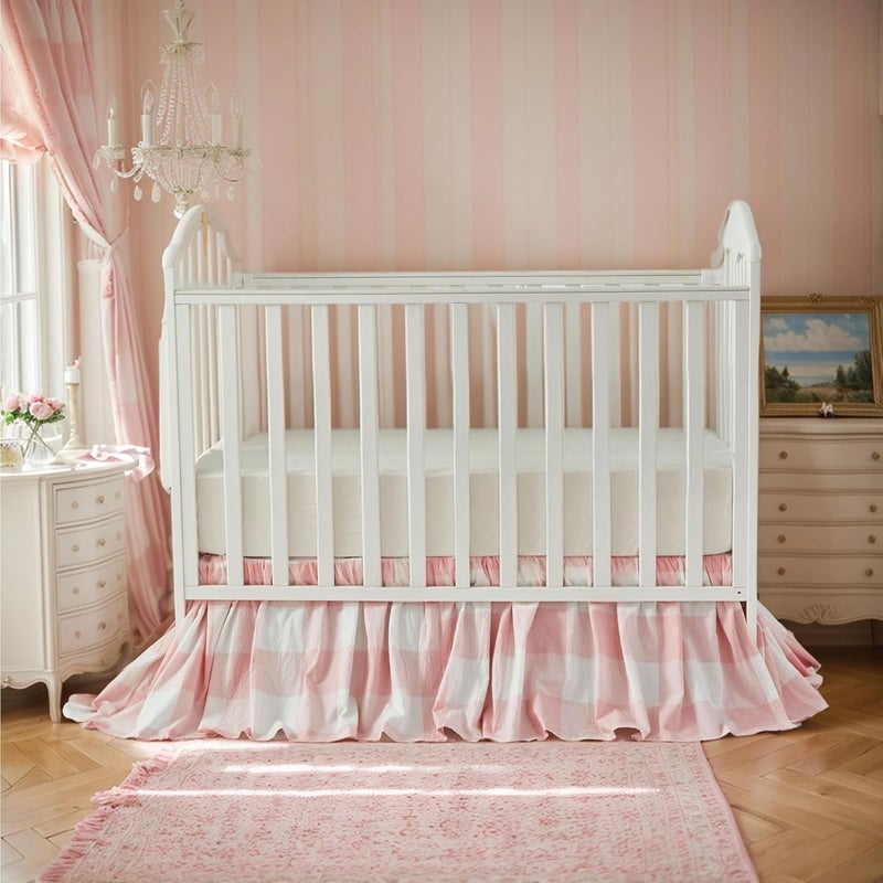 Brandream Gingham Gathered Crib Skirt, Baby Boy, Baby Girl, Gender Neutral Crib Skirt, 100% Cotton, 4-Sided, Light Pink Plaid Gingham Toddler Bedskirt Farmhouse Chic Nursery Crib Bed Skirt Dust Ruffle - Image 2