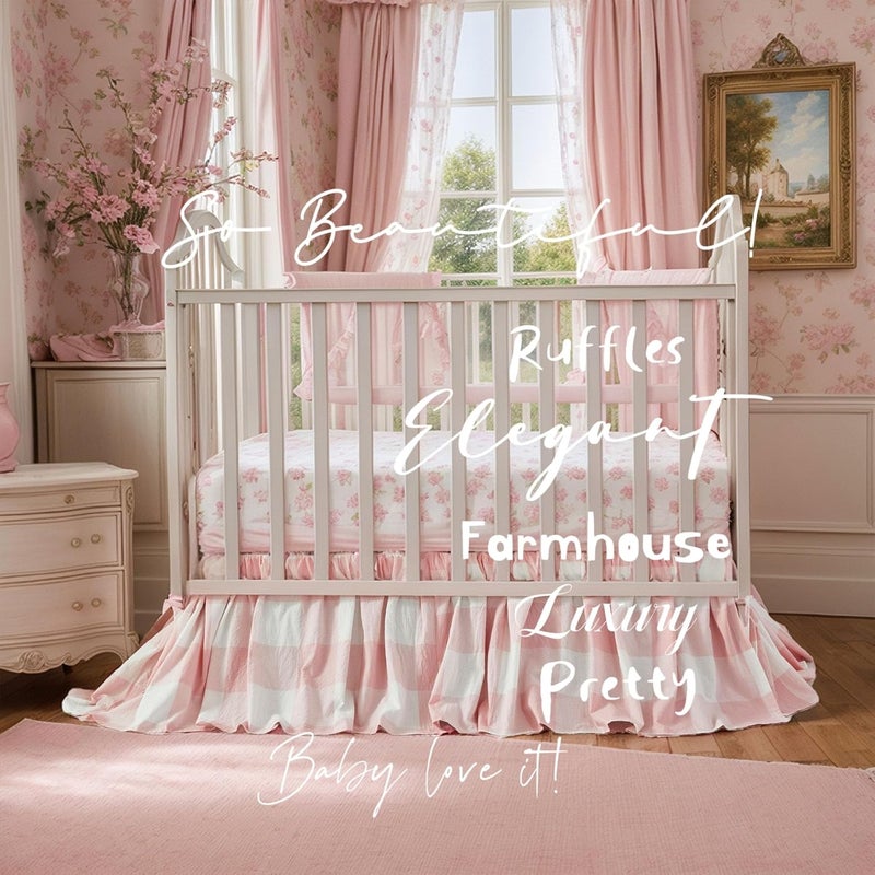 Brandream Gingham Gathered Crib Skirt, Baby Boy, Baby Girl, Gender Neutral Crib Skirt, 100% Cotton, 4-Sided, Light Pink Plaid Gingham Toddler Bedskirt Farmhouse Chic Nursery Crib Bed Skirt Dust Ruffle - Image 5