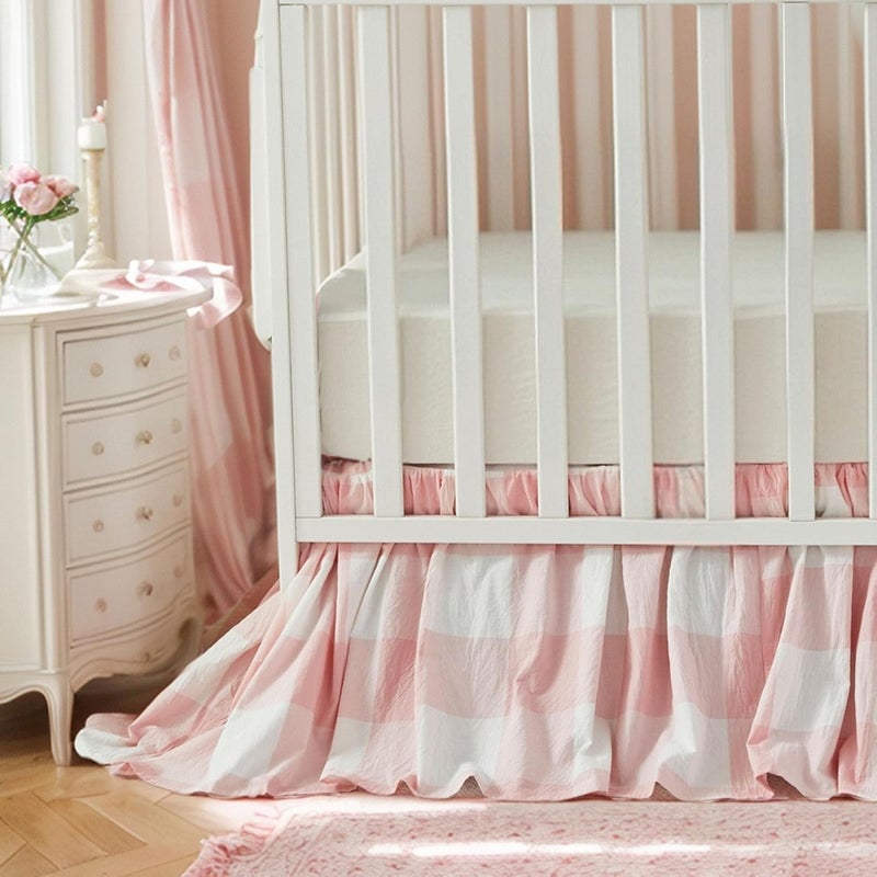 Brandream Gingham Gathered Crib Skirt, Baby Boy, Baby Girl, Gender Neutral Crib Skirt, 100% Cotton, 4-Sided, Light Pink Plaid Gingham Toddler Bedskirt Farmhouse Chic Nursery Crib Bed Skirt Dust Ruffle - Image 1