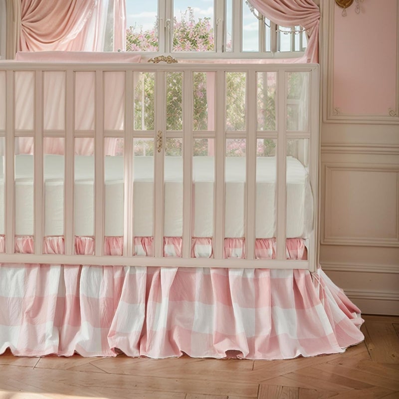 Brandream Gingham Gathered Crib Skirt, Baby Boy, Baby Girl, Gender Neutral Crib Skirt, 100% Cotton, 4-Sided, Light Pink Plaid Gingham Toddler Bedskirt Farmhouse Chic Nursery Crib Bed Skirt Dust Ruffle - Image 4