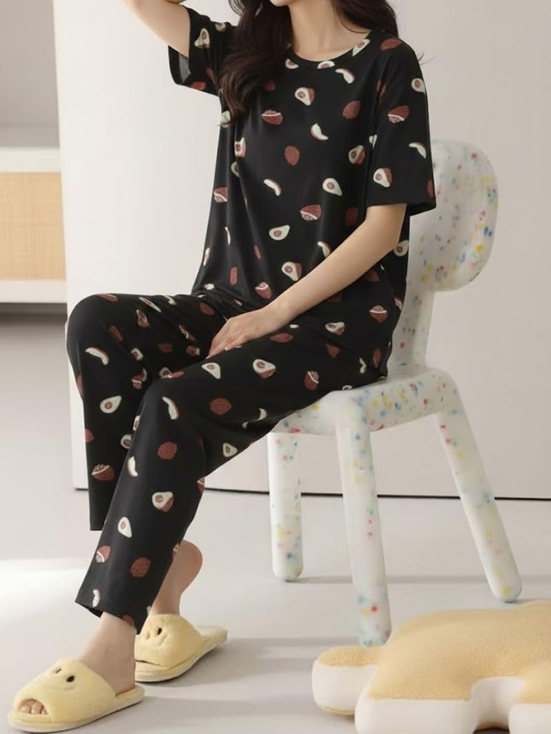 SMOWKLY Women’s Korean Style Night Suit Set | Cotton Half Sleeve Top & Pyjama Set | Round Neck Printed Nightsuit | Comfortable Nightwear & Loungewear for Women(1641_BK_M) Dark Black - Image 2