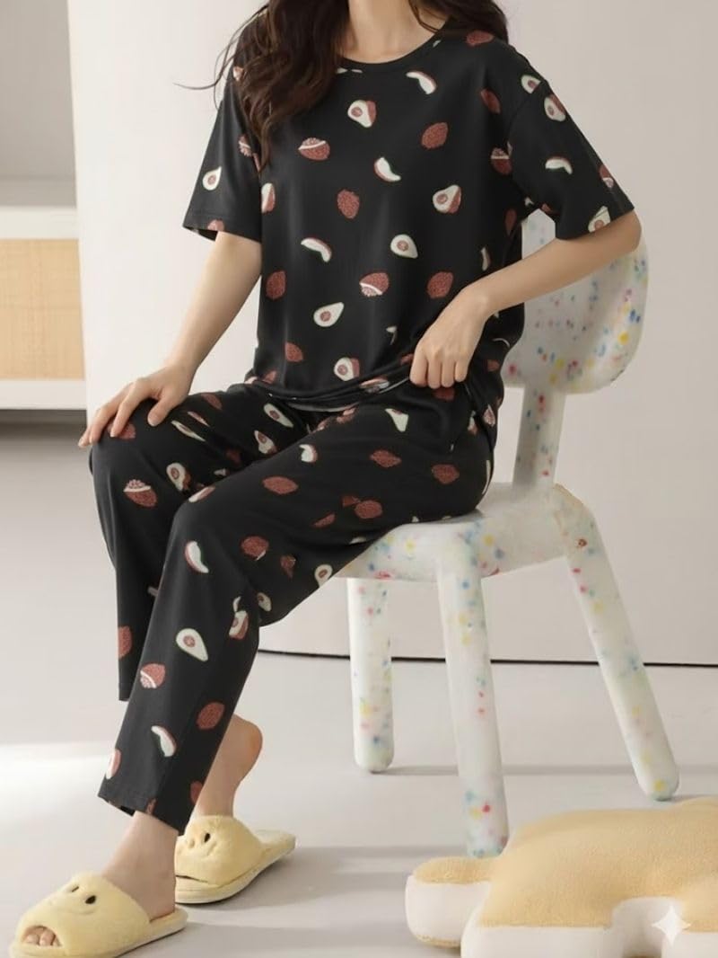 SMOWKLY Women’s Korean Style Night Suit Set | Cotton Half Sleeve Top & Pyjama Set | Round Neck Printed Nightsuit | Comfortable Nightwear & Loungewear for Women(1641_BK_M) Dark Black - Image 4