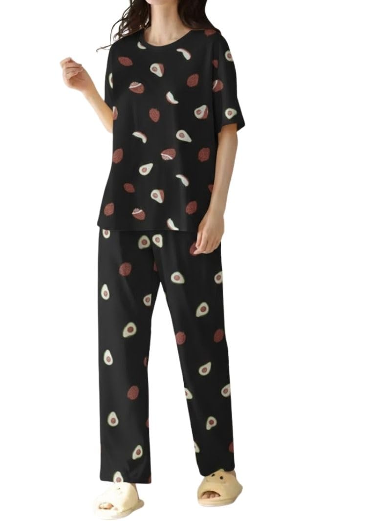 SMOWKLY Women’s Korean Style Night Suit Set | Cotton Half Sleeve Top & Pyjama Set | Round Neck Printed Nightsuit | Comfortable Nightwear & Loungewear for Women(1641_BK_M) Dark Black - Image 1