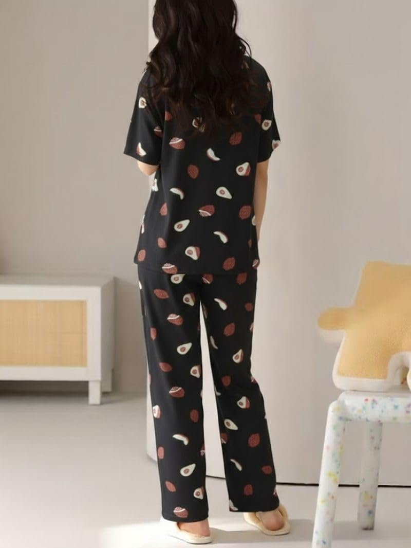 SMOWKLY Women’s Korean Style Night Suit Set | Cotton Half Sleeve Top & Pyjama Set | Round Neck Printed Nightsuit | Comfortable Nightwear & Loungewear for Women(1641_BK_M) Dark Black - Image 3