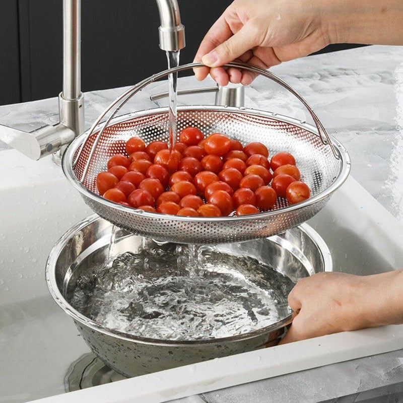 Lariox Multipurpose Stainless Steel Rice Washing Baskets Strainer Drainer with Handle Vegetable Fruit Noodles Washing Filter Basket for Kitchen Bowl Storing and Straining PurposeSilver - Image 1