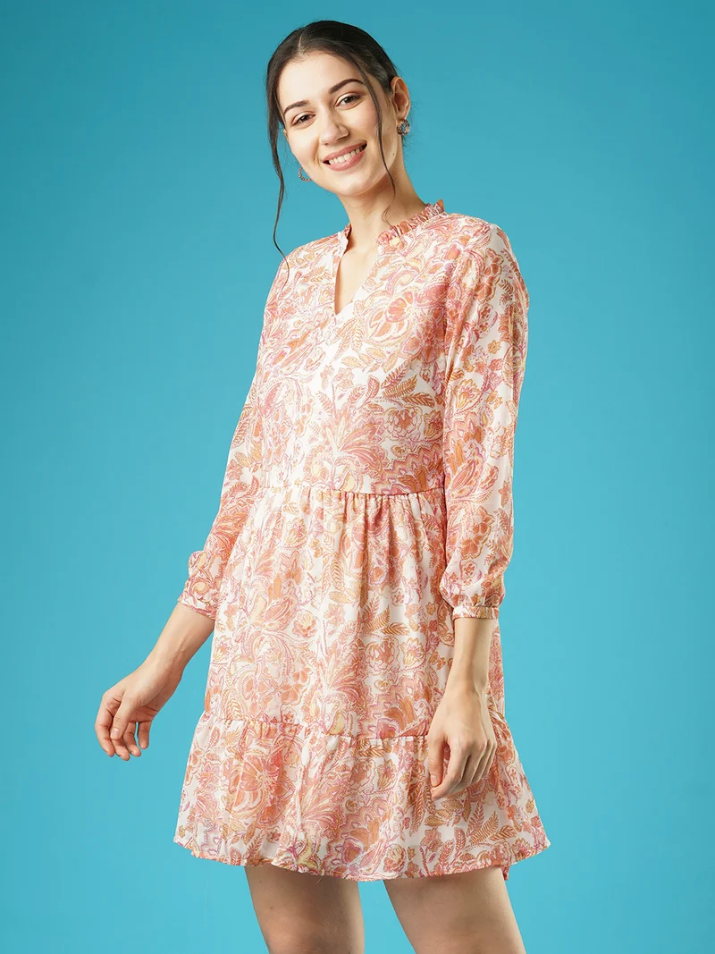 globus Women Print Mandarin Collar Puff Sleeve Fit & Flare Dress