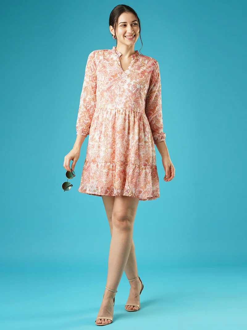 globus Women Print Mandarin Collar Puff Sleeve Fit & Flare Dress