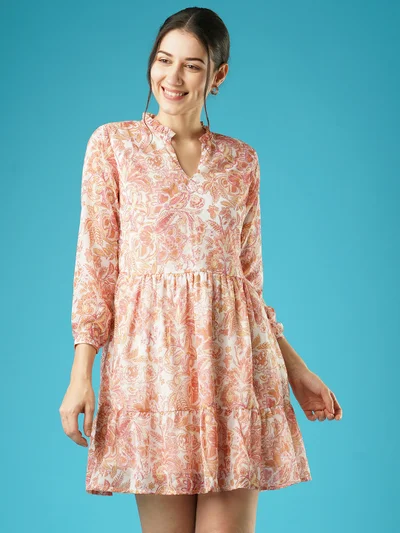 globus Women Print Mandarin Collar Puff Sleeve Fit & Flare Dress