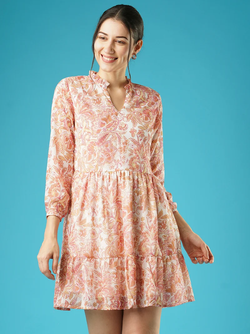 globus Women Print Mandarin Collar Puff Sleeve Fit & Flare Dress