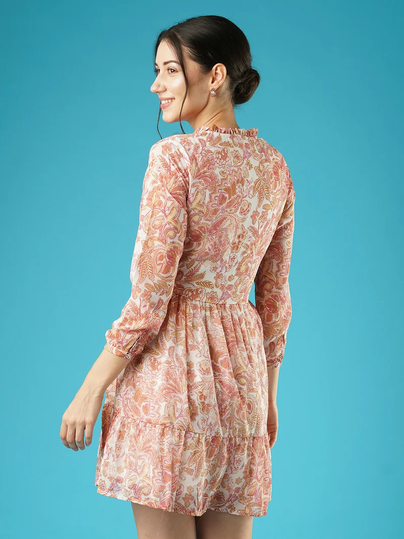 globus Women Print Mandarin Collar Puff Sleeve Fit & Flare Dress