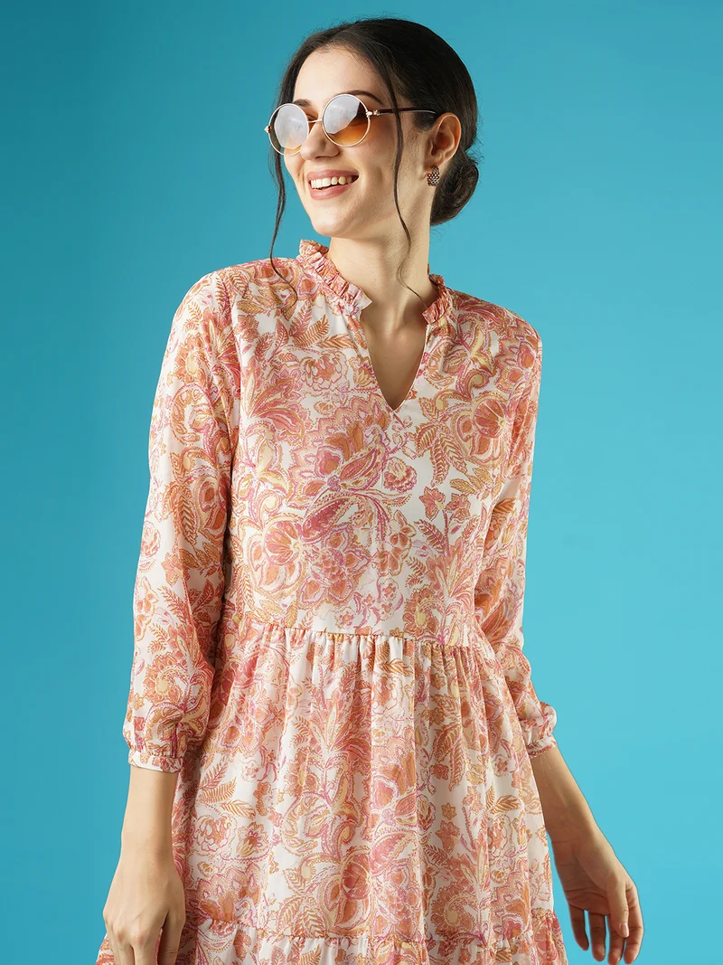globus Women Print Mandarin Collar Puff Sleeve Fit & Flare Dress