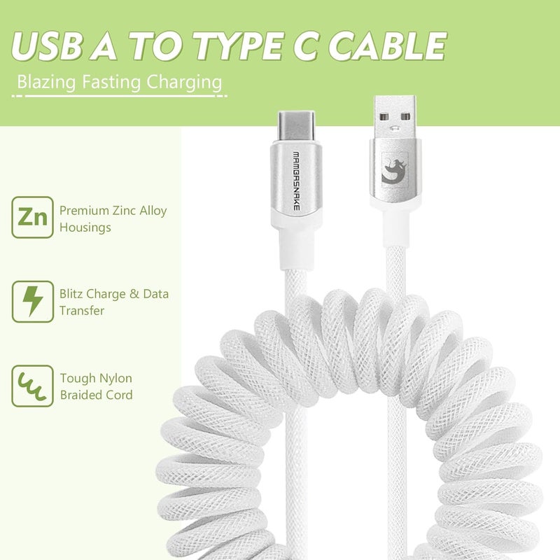 MAMBASNAKE كابل USB C ملتوي من MAMBASNAKE للأجهزة المكتبية الخاصة بالألعاب، لوحة مفاتيح ميكانيكية مصنوعة من النايلون مع ملحق معدني قابل للإزالة، نوع HyperSpeed Type C بمعدل استجابة 8KHz، طول 4.92 قدم (C01Pro/أبيض) - Image 5