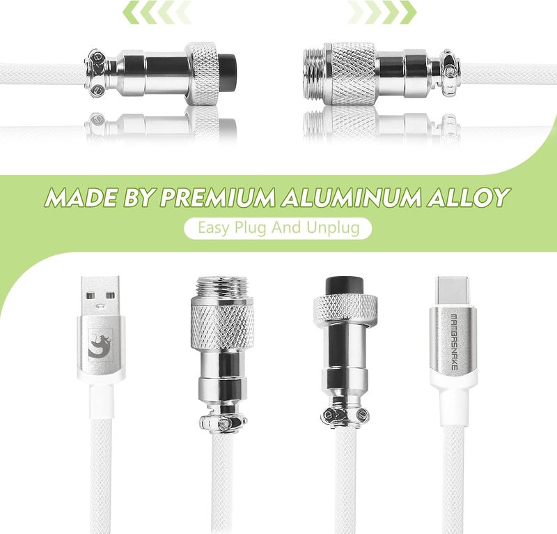 MAMBASNAKE كابل USB C ملتوي من MAMBASNAKE للأجهزة المكتبية الخاصة بالألعاب، لوحة مفاتيح ميكانيكية مصنوعة من النايلون مع ملحق معدني قابل للإزالة، نوع HyperSpeed Type C بمعدل استجابة 8KHz، طول 4.92 قدم (C01Pro/أبيض) - Image 4