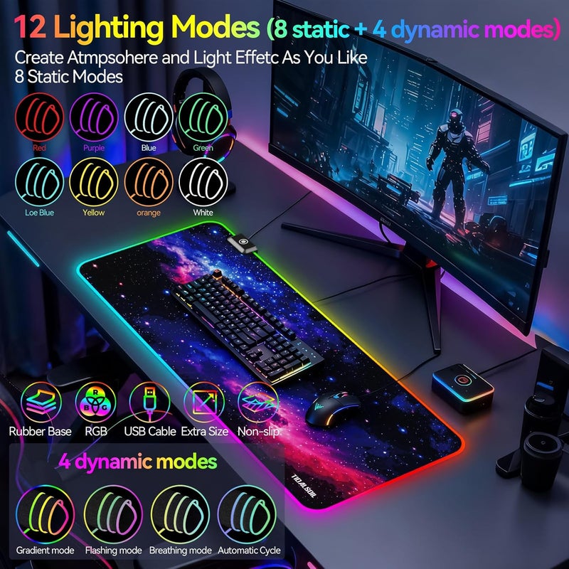 TIDALSOIL RGB Gaming Mouse Pad, Oversized Mouse Mat with 12 Light Modes, Non-Slip Rubber Base, Large Computer Keyboard Mouse Pad for PC Gaming, Office, 800 x 300 x 3 mm, Starry Sky - Image 3