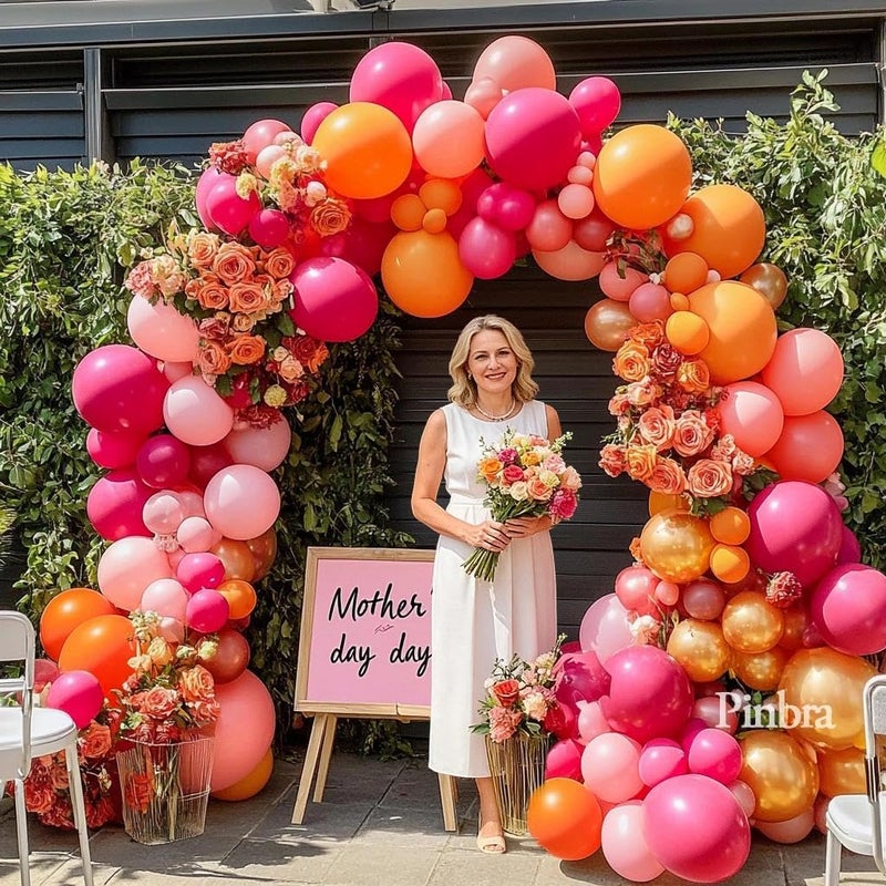 Pinbra Pink Orange Balloon Garland Double Stuffed Hot Pink Orange Gold Metallic Pastel Balloon Arch Kit for Birthday Baby Bridal Shower Wedding Mother's Day Tropical Party Decorations - Image 5