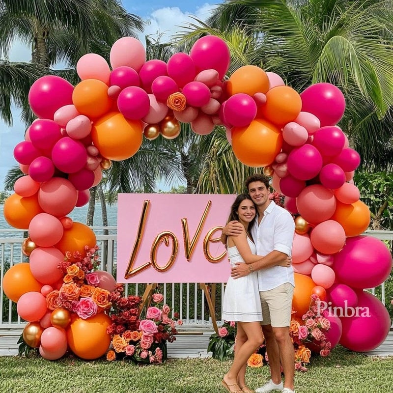 Pinbra Pink Orange Balloon Garland Double Stuffed Hot Pink Orange Gold Metallic Pastel Balloon Arch Kit for Birthday Baby Bridal Shower Wedding Mother's Day Tropical Party Decorations - Image 2