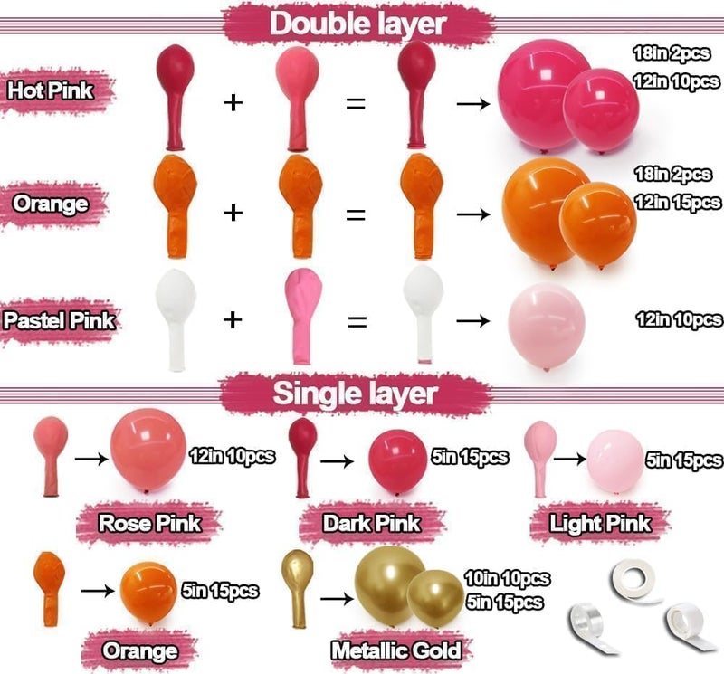 Pinbra Pink Orange Balloon Garland Double Stuffed Hot Pink Orange Gold Metallic Pastel Balloon Arch Kit for Birthday Baby Bridal Shower Wedding Mother's Day Tropical Party Decorations - Image 3
