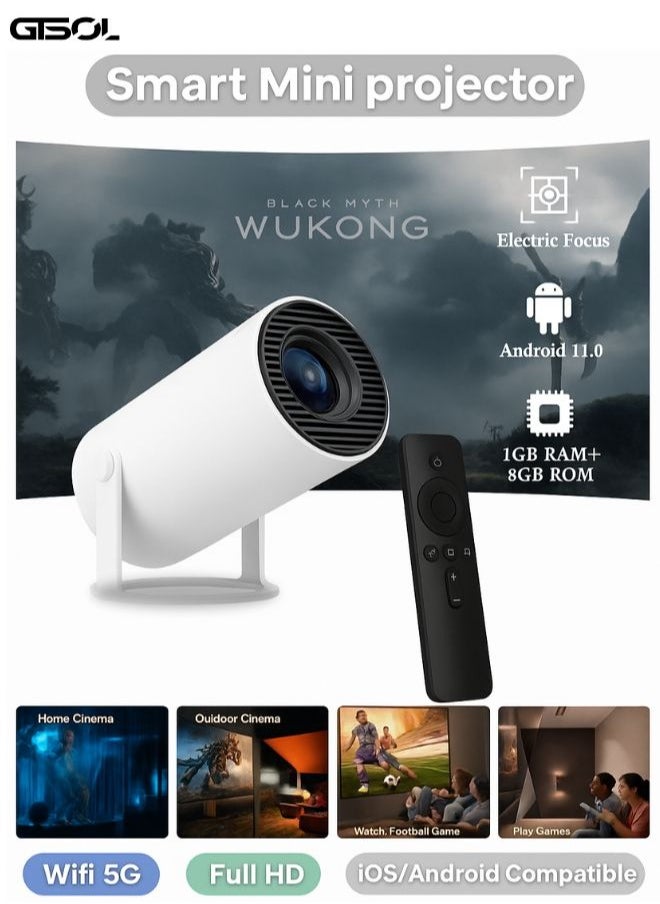 GTSOL Mini Smart Projector 1080P Full HD – WiFi 6 + Bluetooth | Android 11 | 180° Rotatable | Built-in Speakers & Remote controller  - Image 1