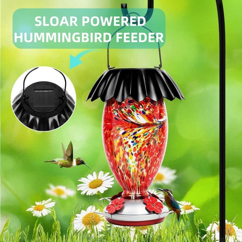 REZIPO Solar Hummingbird Feeder for Outdoors Hanging Colorful Lighting 32 Oz Hand Blown Glass Hummingbird Feeder for Garden Decoration with Accessories (Red) - Image 2