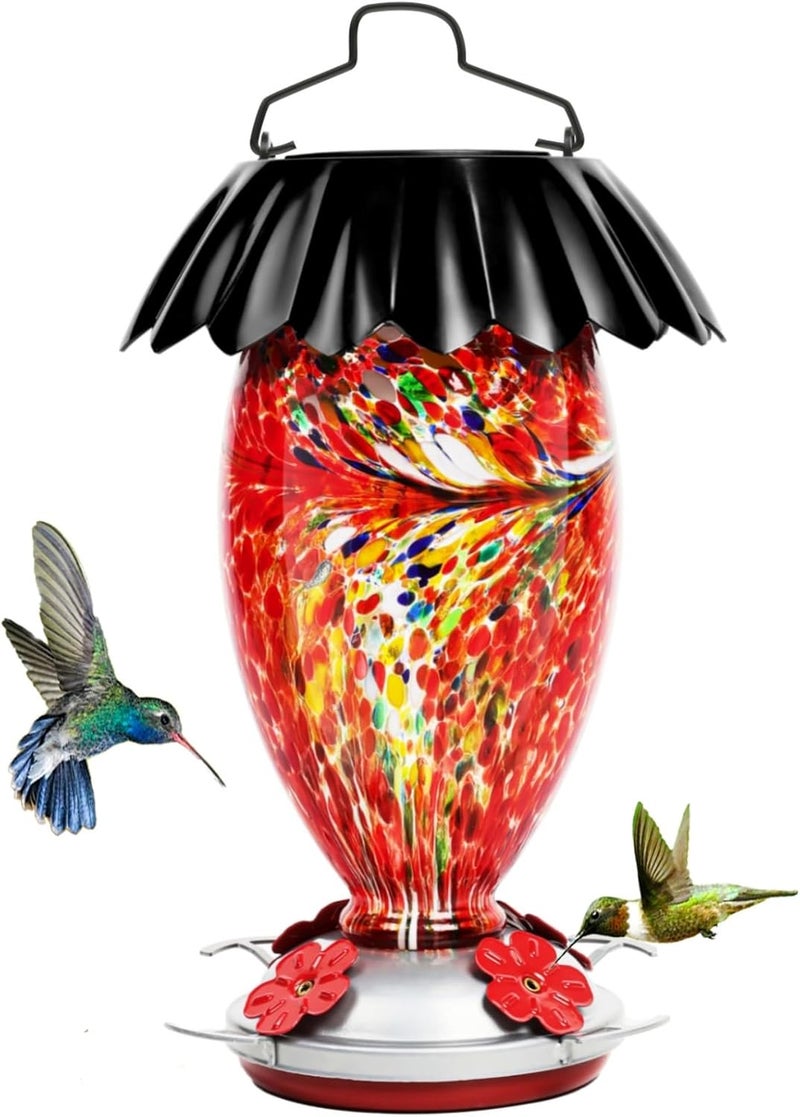 REZIPO Solar Hummingbird Feeder for Outdoors Hanging Colorful Lighting 32 Oz Hand Blown Glass Hummingbird Feeder for Garden Decoration with Accessories (Red) - Image 1