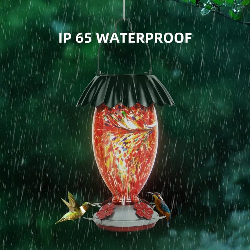 REZIPO Solar Hummingbird Feeder for Outdoors Hanging Colorful Lighting 32 Oz Hand Blown Glass Hummingbird Feeder for Garden Decoration with Accessories (Red) - Image 5