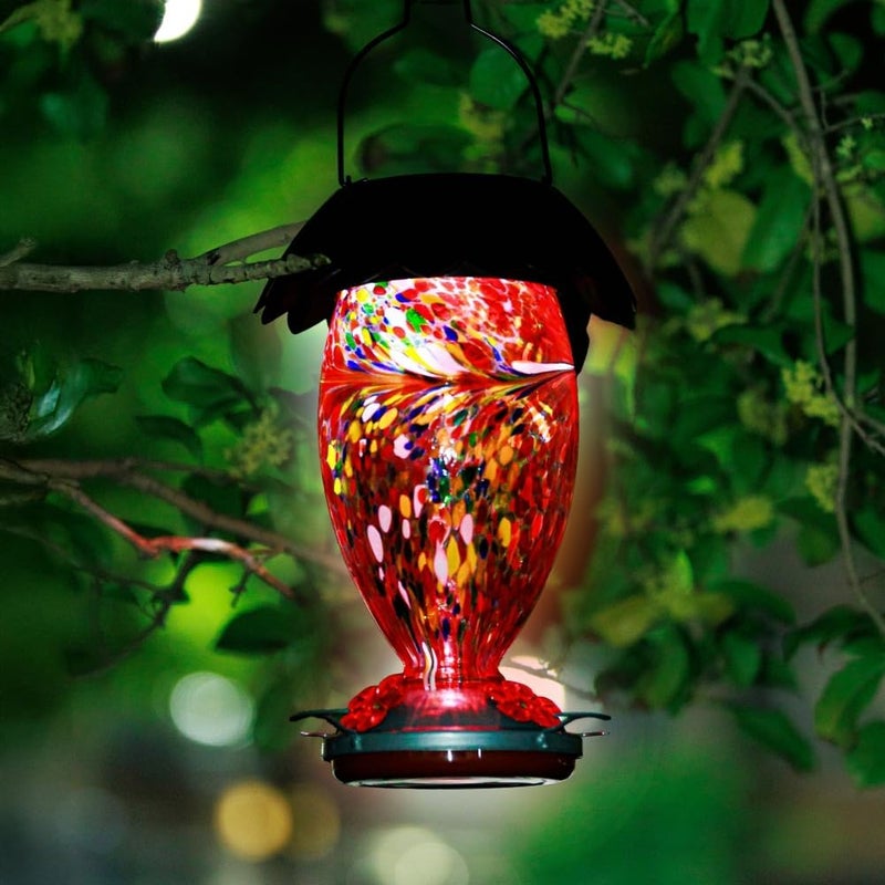 REZIPO Solar Hummingbird Feeder for Outdoors Hanging Colorful Lighting 32 Oz Hand Blown Glass Hummingbird Feeder for Garden Decoration with Accessories (Red) - Image 4