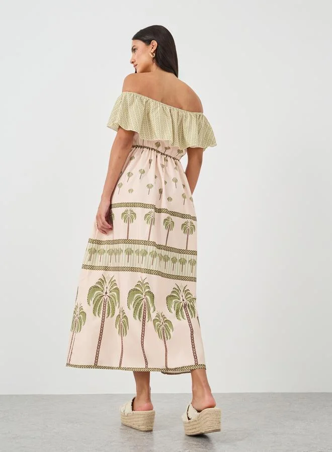 Styli Styli Printed Off Shoulder A-Line Maxi Dress