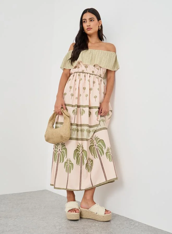 Styli Styli Printed Off Shoulder A-Line Maxi Dress