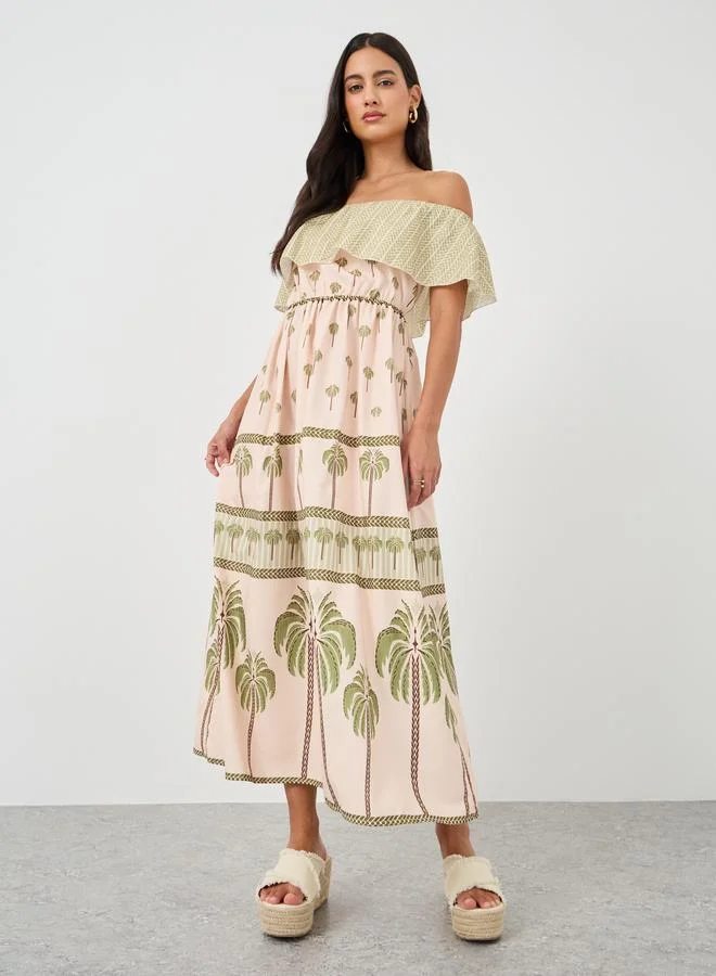 Styli Styli Printed Off Shoulder A-Line Maxi Dress
