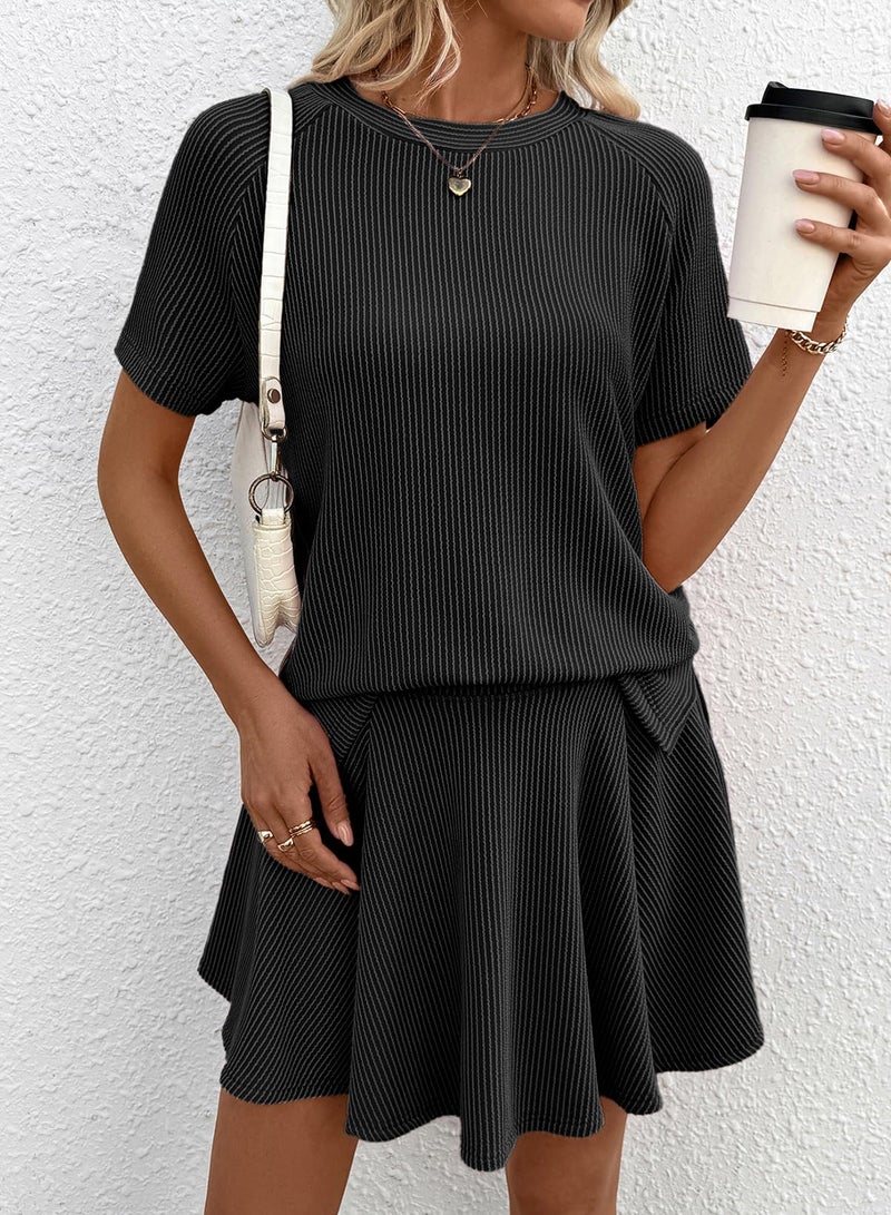 EVALESS Womens Sets 2 Piece Summer Outfits Black Ribbed Knit Short Sleeve Tops and Lined Pleated Mini Skirt Spring Two Piece Lounge Matching Sets for Women Cute Going Out Workout Clothes Medium - Image 2