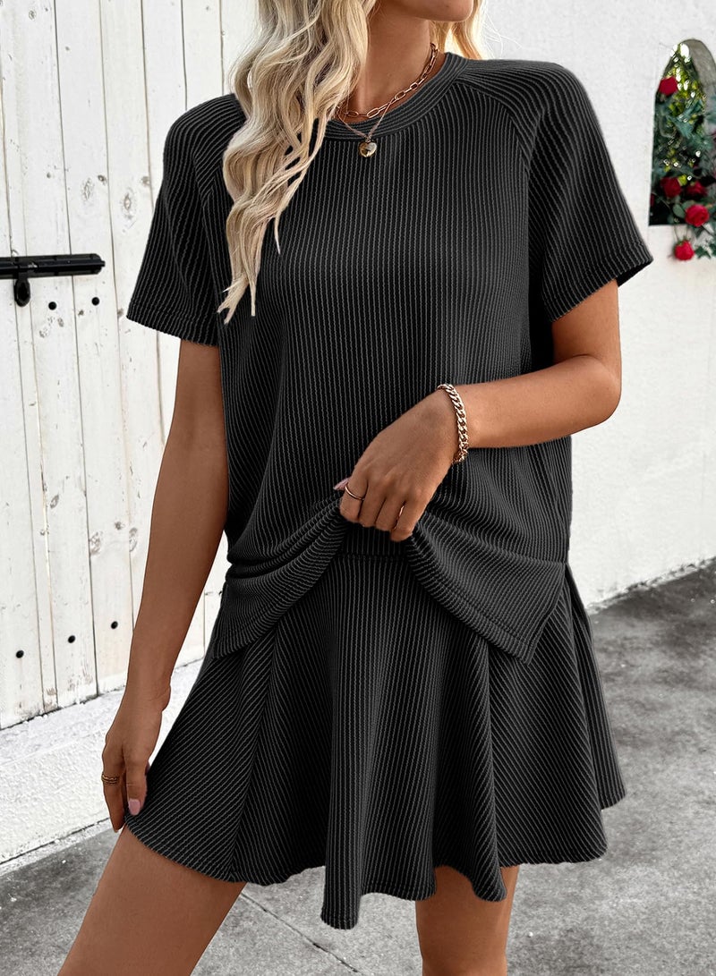 EVALESS Womens Sets 2 Piece Summer Outfits Black Ribbed Knit Short Sleeve Tops and Lined Pleated Mini Skirt Spring Two Piece Lounge Matching Sets for Women Cute Going Out Workout Clothes Medium - Image 5