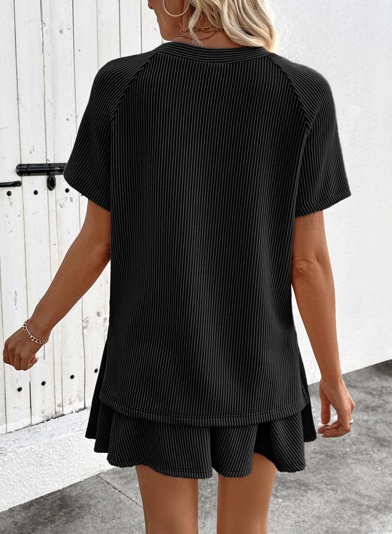 EVALESS Womens Sets 2 Piece Summer Outfits Black Ribbed Knit Short Sleeve Tops and Lined Pleated Mini Skirt Spring Two Piece Lounge Matching Sets for Women Cute Going Out Workout Clothes Medium - Image 4