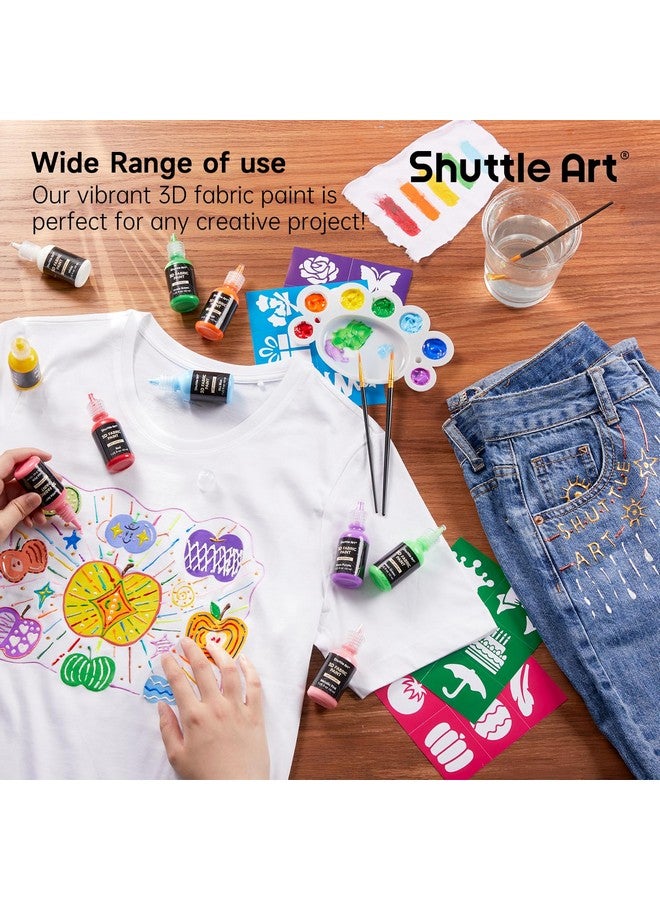 Shuttle Art Fabric Paint Set, 45 Colors 3D Permanent Paint with Brushes Palette Pen Fabric Sheet Stencils, Glow in The Dark, Glitter,Metallic Colors for Textile Fabric T-shirt Jeans Glass - Image 4